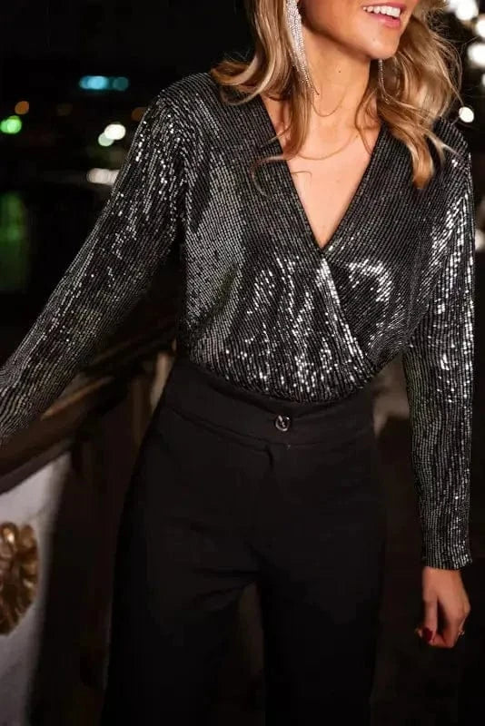Bodysuits Black / S / 100%Polyester Sable Sequin Wrap Bodysuit