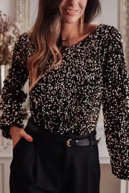 Black glitter backless halter bodysuit back view — Fashionfitz UK