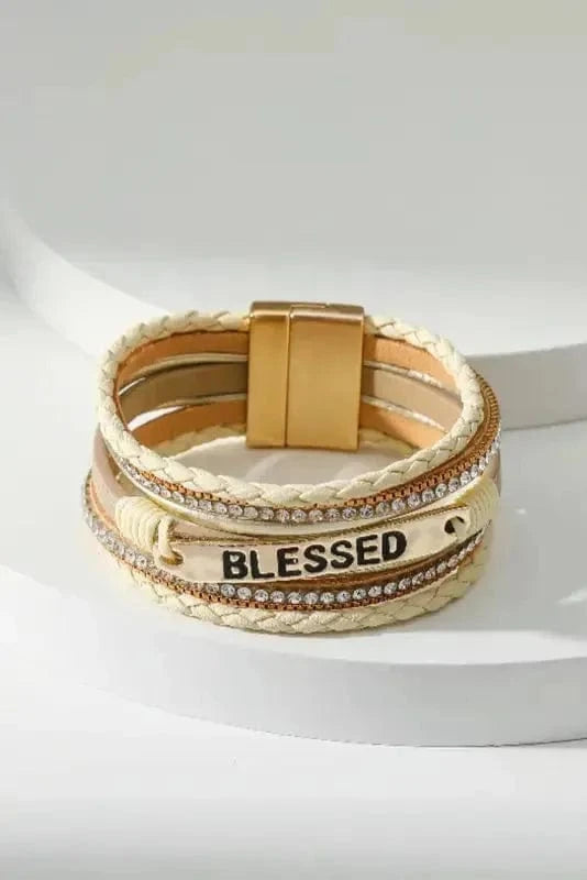 Bracelets Beige / ONE SIZE Beige BLESSED Rhinestone Braided Detail Buckle Bracelet