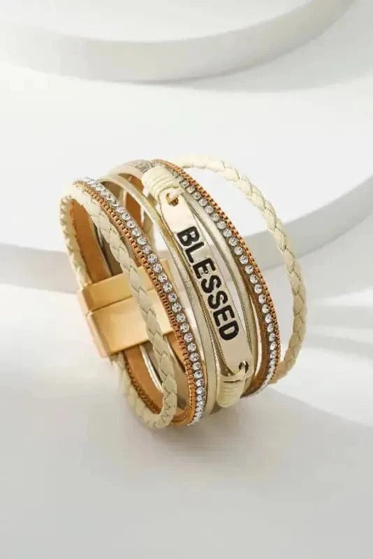Bracelets Beige / ONE SIZE Beige BLESSED Rhinestone Braided Detail Buckle Bracelet