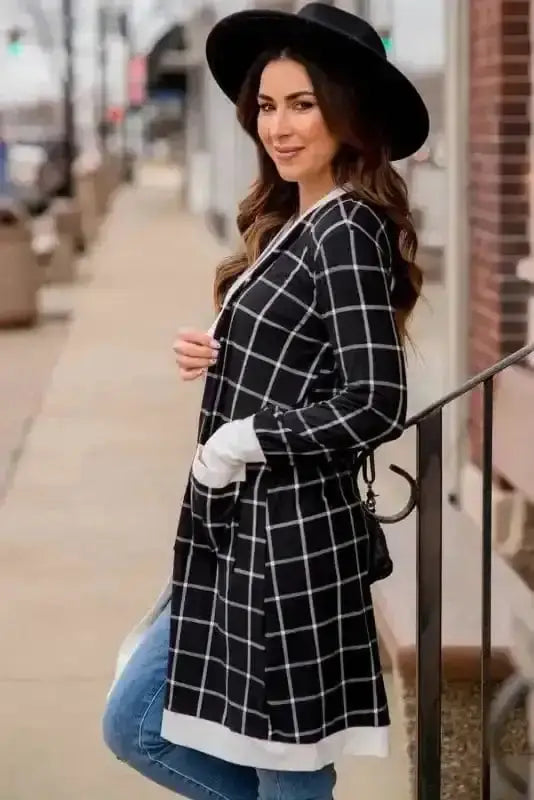 Cosy pocketed plaid duster cardigan back view — Fashionfitz UK