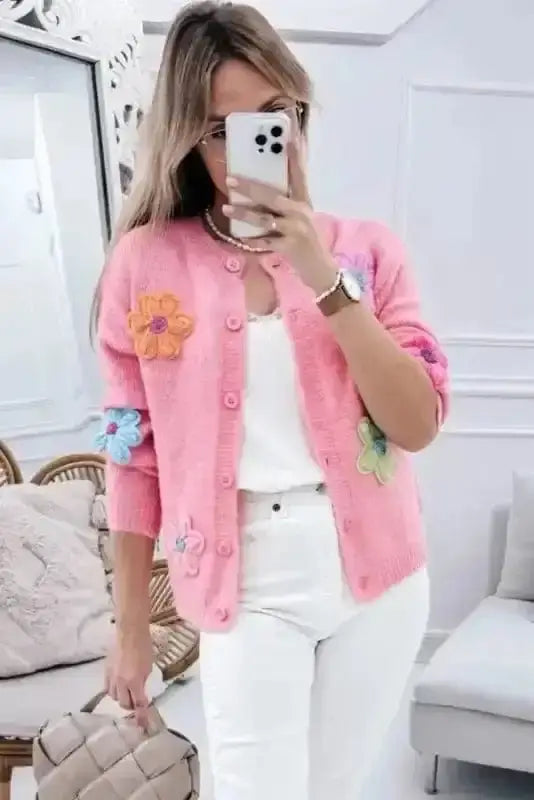 Flower patch knit cardigan back view — Fashionfitz UK
