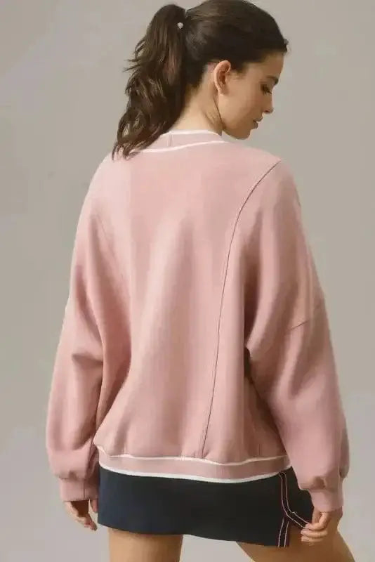 Pink contrast trim button cardigan back view — Fashionfitz UK