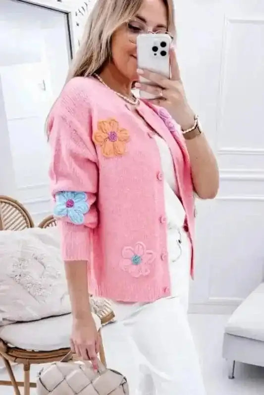 Cardigans Pink / S / 42%Acrylic+30%Polyester+28%Polyamide Flower Patch Cardigan