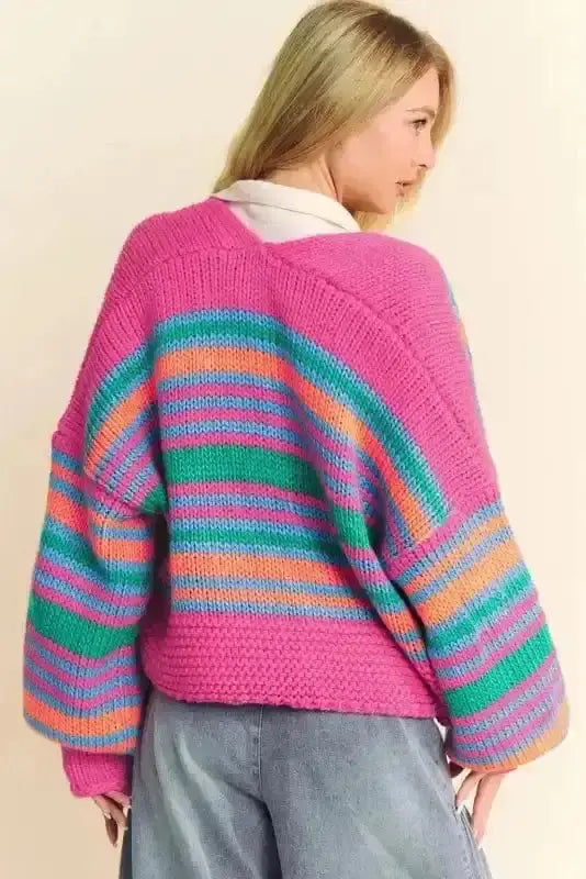 Rose stripe puff sleeve cardigan back view — Fashionfitz UK
