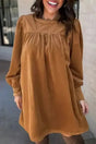 Desert gold amber corduroy puff sleeve shift mini dress front view — Fashionfitz UK