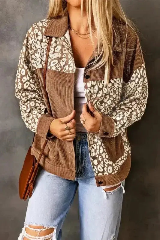 Corduroy Jackets Brown / S / 100%Polyester Brown Leopard Print Corduroy Long Sleeve Jacket