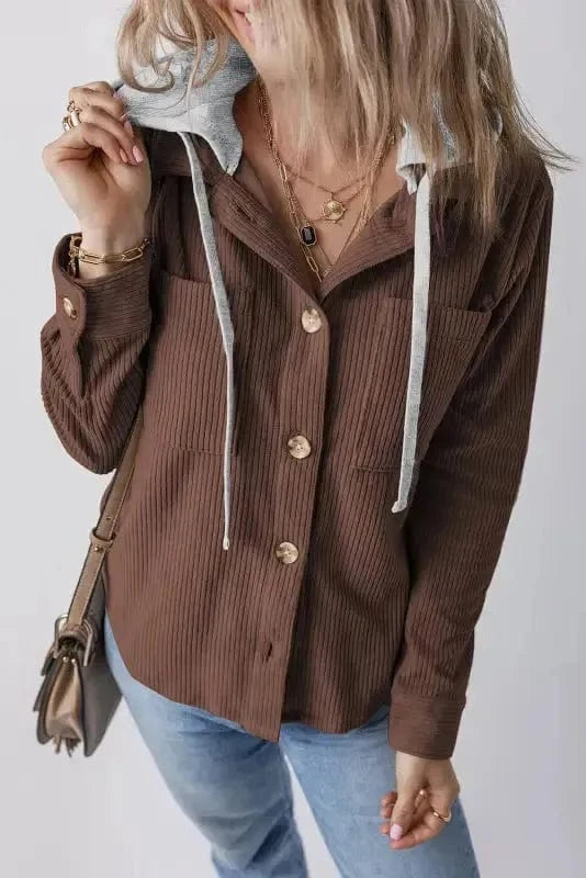 Corduroy Jackets Coffee / S / 100%Polyester Hooded Corduroy Shacket