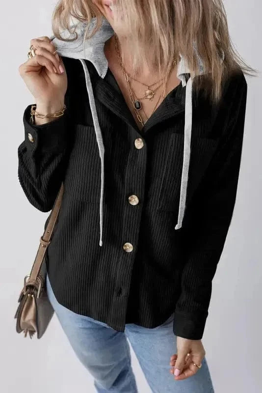 Corduroy Jackets Color black / S / 100%Polyester Hooded Corduroy Shacket