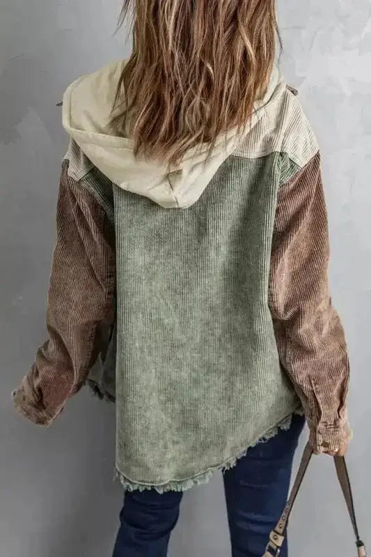 Side view of green colour block corduroy hooded jacket showing relaxed layering fit Fashionfitz UK