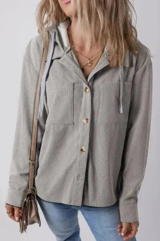 Corduroy Jackets Light Grey / S / 100%Polyester Hooded Corduroy Shacket
