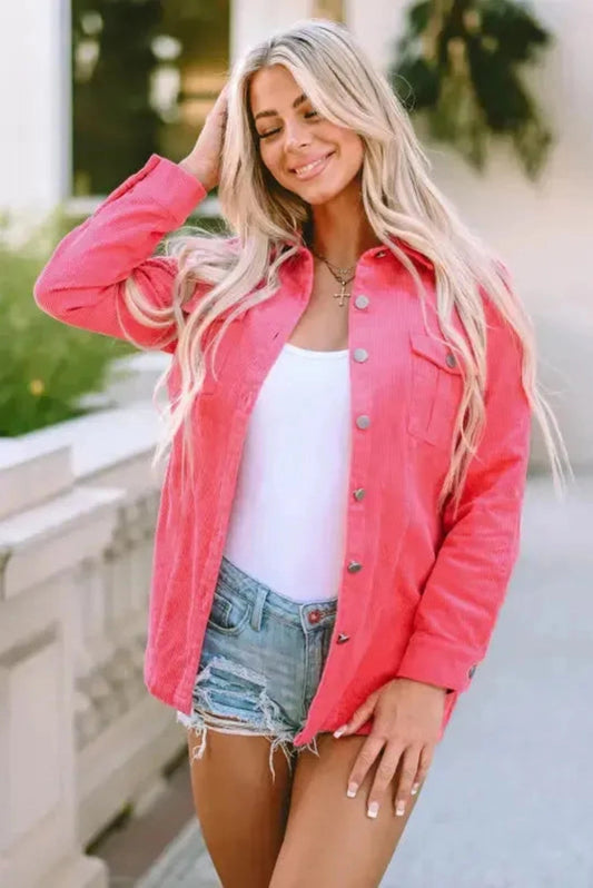 Corduroy Jackets Pink / S / 100%Cotton Corduroy Buttoned Jacket with Flap Pockets