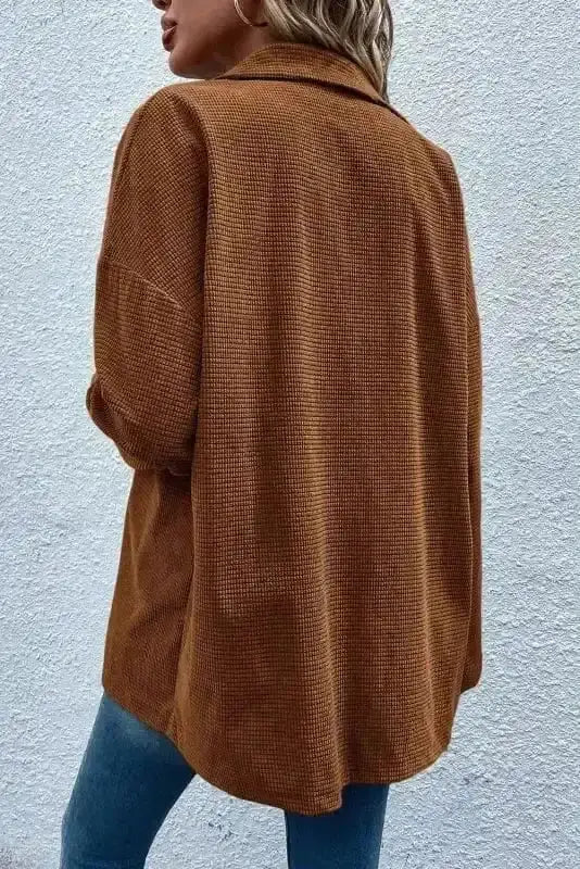 Brown textured shacket back view — Fashionfitz UK