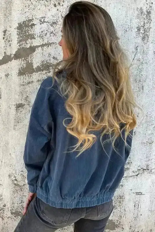 Teal hooded corduroy jacket back view — Fashionfitz UK