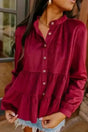 Burgundy red corduroy ruffle O-neck autumn blouse front view — Fashionfitz UK