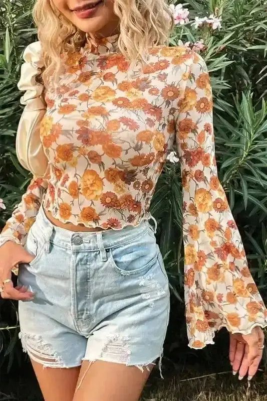 Crop Tops Orange / S / 95%Polyester+5%Elastane Flora Charm Bell Sleeve Crop Top