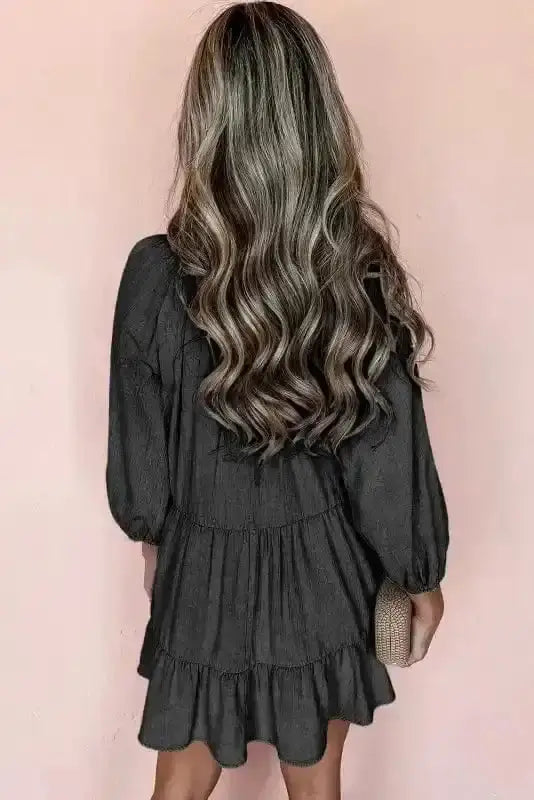 Chambray V-neck tiered mini dress back view — Fashionfitz UK