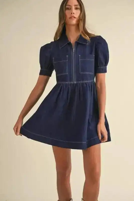Denim Dresses Mini Denim Dress - Short Puff Sleeve