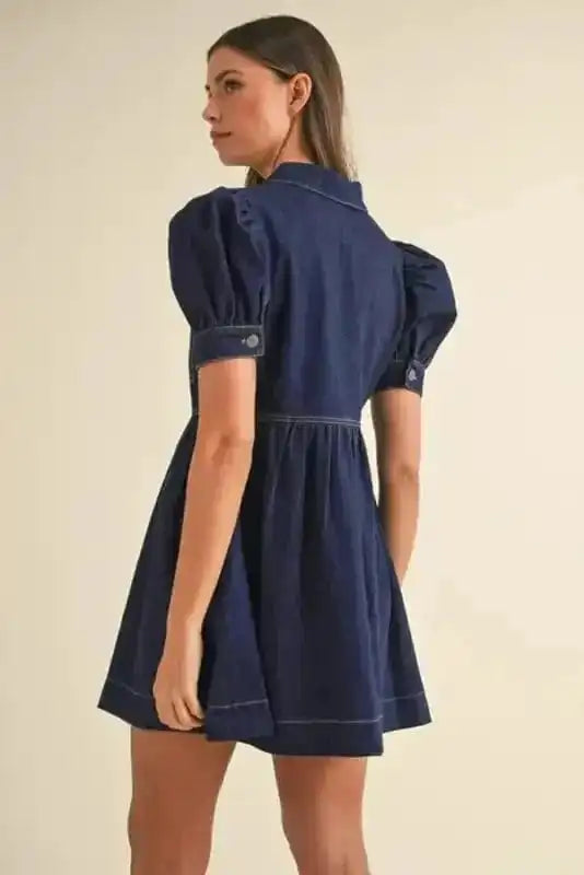 Denim Dresses Mini Denim Dress - Short Puff Sleeve