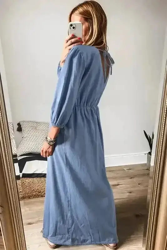 Blue chambray cutout maxi dress back view — Fashionfitz UK