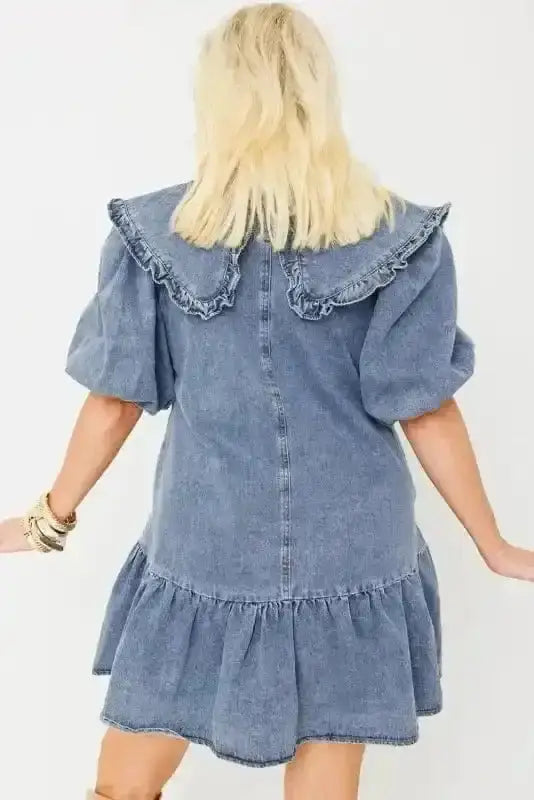 Dusk blue puff sleeve frill denim mini dress back view — Fashionfitz UK