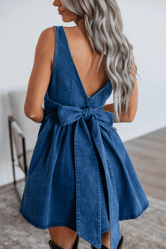 Denim Dresses Sail Blue / S / 72%Cotton+26%Polyester+2%Elastane Bowback Denim A-Line Dress