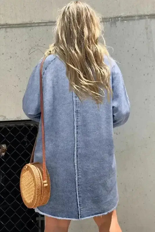 Sapphire blue denim mini dress back view — Fashionfitz UK