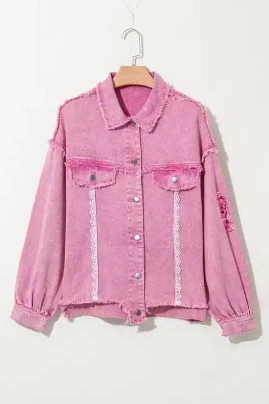 Denim jackets Pink / S / 100%Cotton Lace Accents Distressed Denim Jacket