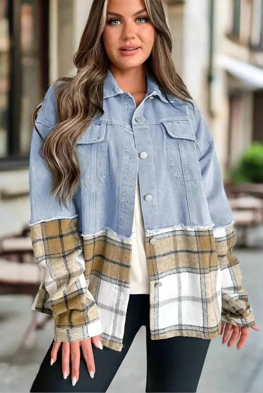 Denim Jackets Plaid Fusion Oversized Denim Jacket