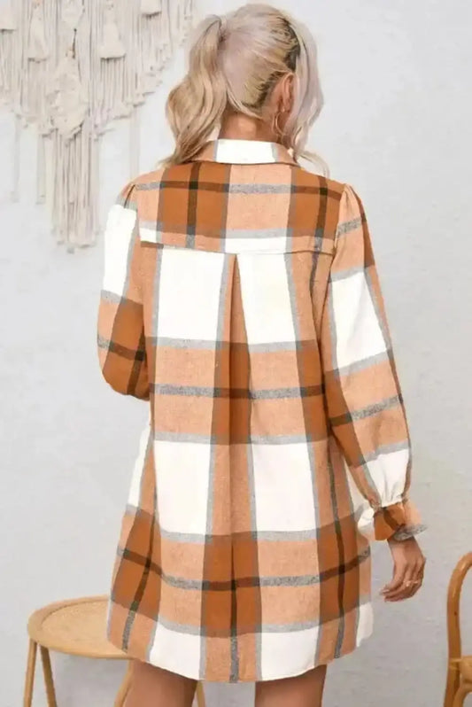 Close-up of ruffled flounce sleeve detail on khaki plaid shirt dress Fashionfitz UK