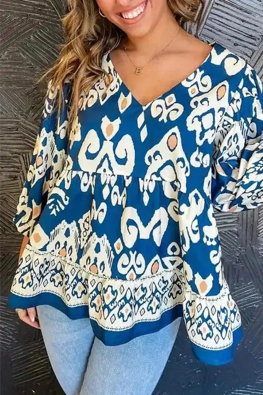 Floral Blouses Blue / S / 97%Polyester+3%Elastane Ethno-Chic Flowy Fit Blouse