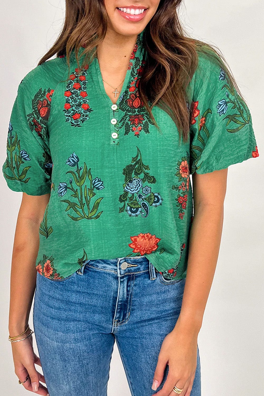 Floral Blouses Bright Green / S / 85%Viscose+15%Polyamide Lush Floral Short Sleeve Blouse – Women’s Boho Summer Top