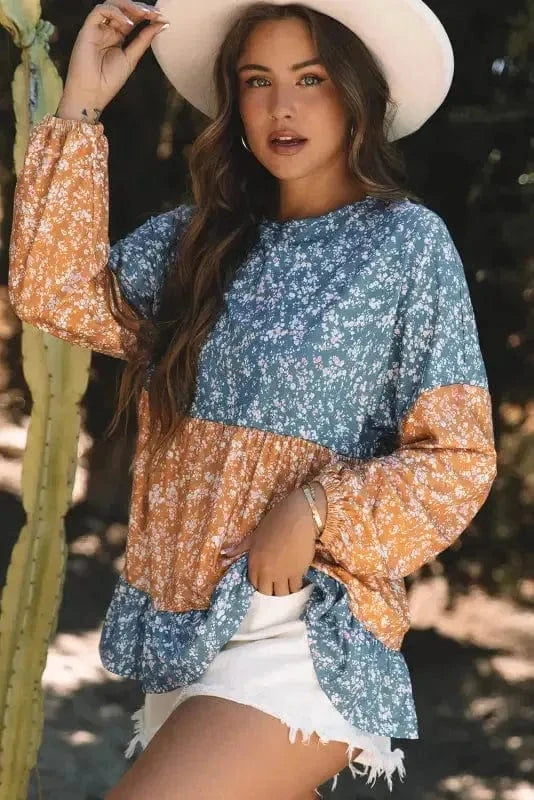 Floral Blouses Floral Mosaic Ruffle Hem Blouse