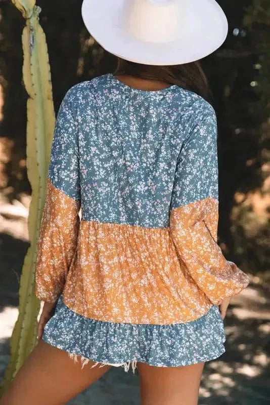 Floral Blouses Floral Mosaic Ruffle Hem Blouse