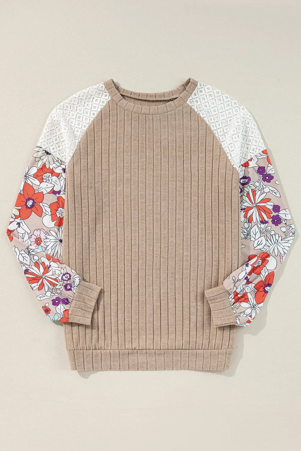 Floral Blouses Floral Sleeve Ribbed Blouse