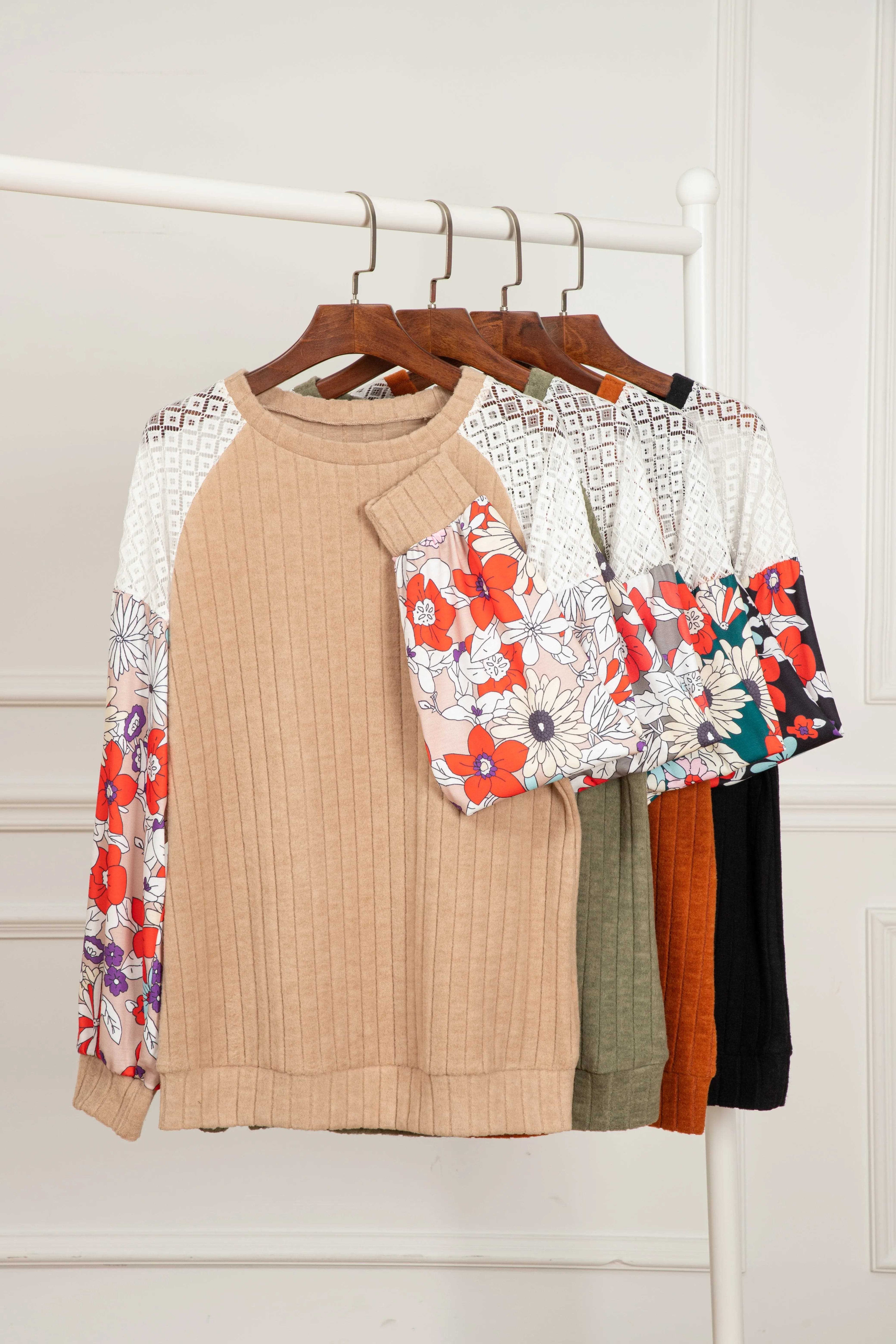 Floral Blouses Floral Sleeve Ribbed Blouse
