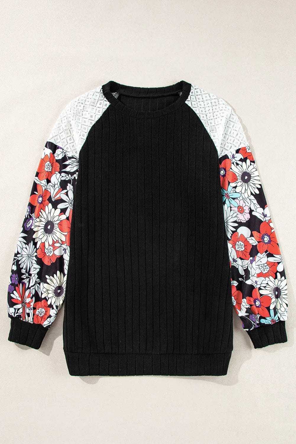 Floral Blouses Floral Sleeve Ribbed Blouse