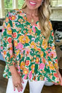 Daisy Floral Embroidered V-Neck Peplum Blouse Women UK in green — front view showing daisy embroidery and peplum hem — Fashionfitz