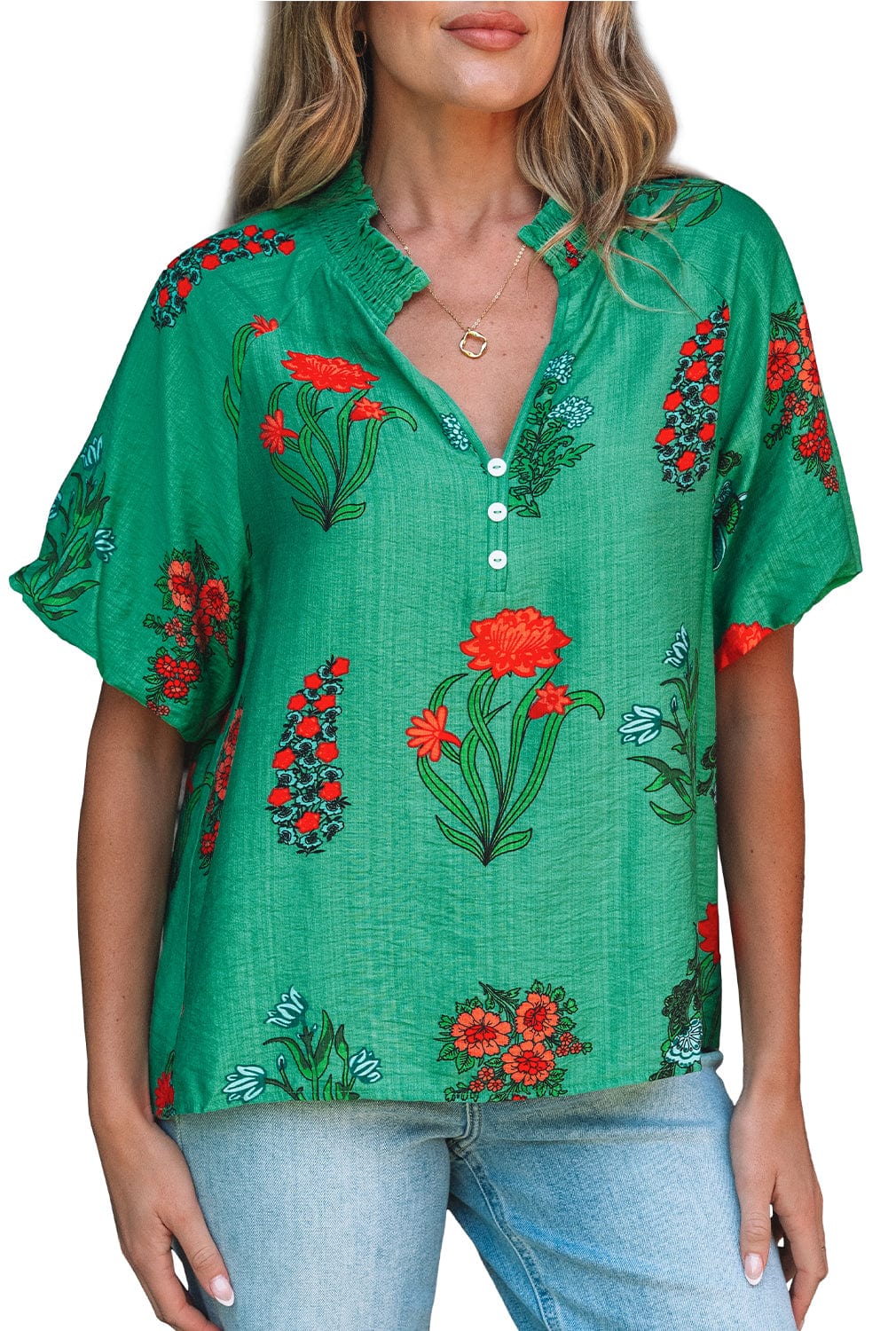 Floral Blouses Lush Floral Short Sleeve Blouse – Women’s Boho Summer Top