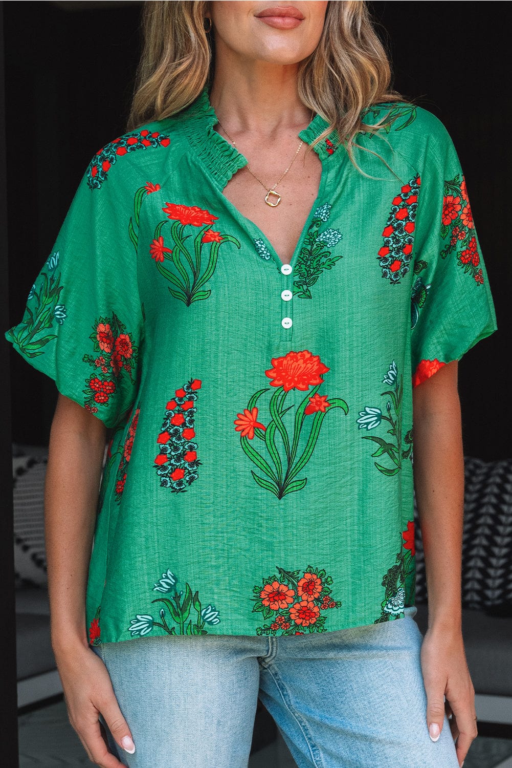 Floral Blouses Lush Floral Short Sleeve Blouse – Women’s Boho Summer Top