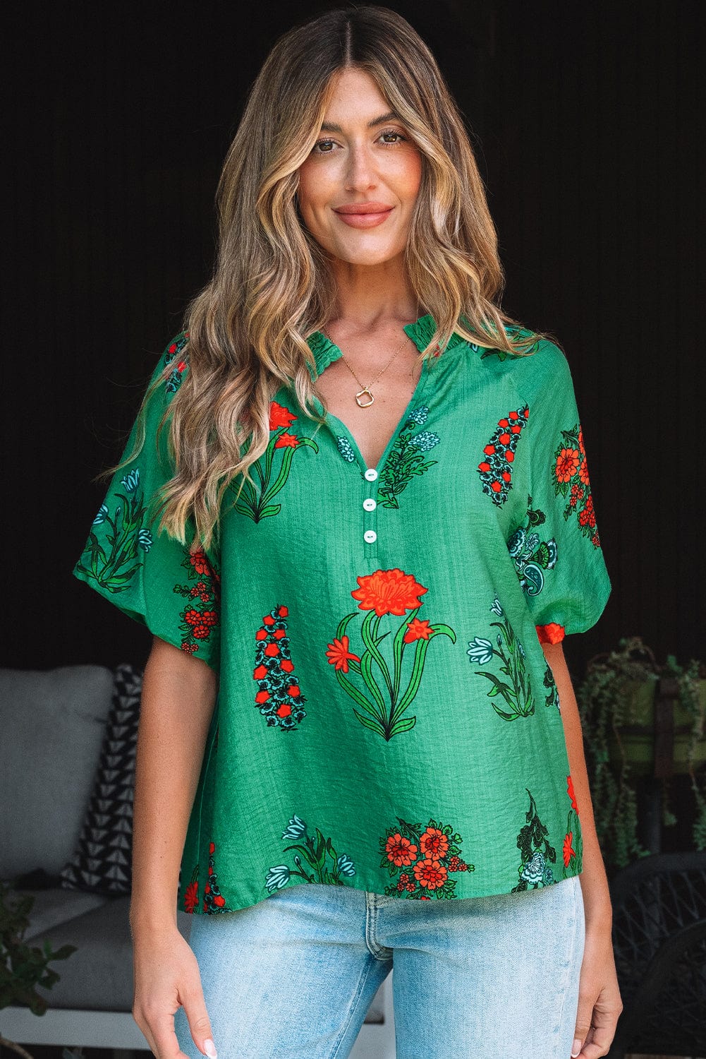 Floral Blouses Lush Floral Short Sleeve Blouse – Women’s Boho Summer Top