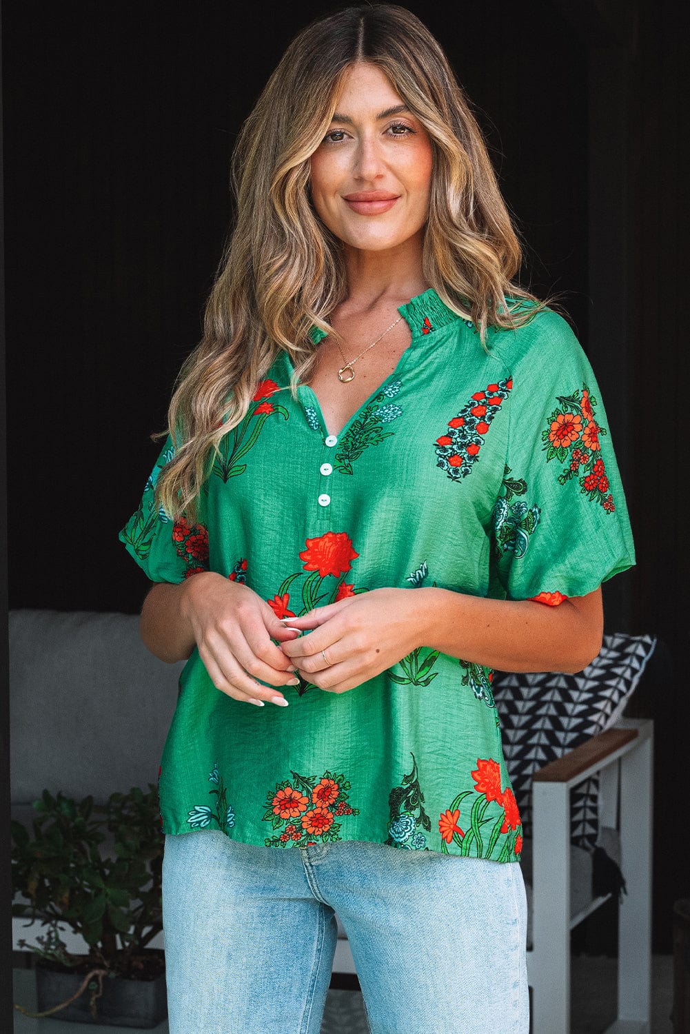 Floral Blouses Lush Floral Short Sleeve Blouse – Women’s Boho Summer Top