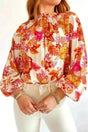 Orange Floral Pearl Button Mock Neck Blouse Women UK — front view showing golden bloom floral and delicate pearl buttons — Fashionfitz