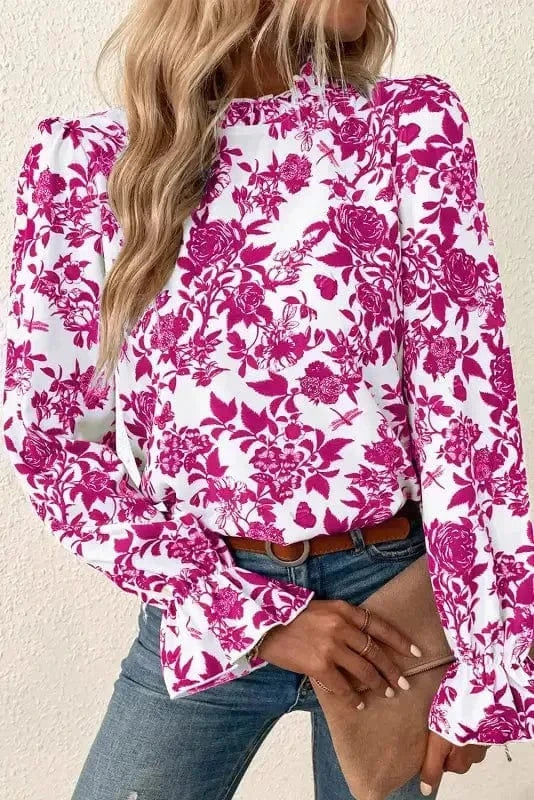 Floral Blouses Rose / S / 100%Polyester Floral Finesse Keyhole-Back Blouse