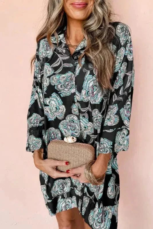 Floral Dresses Black / S / 100%Polyester Flora Fantasy Lapel Dress