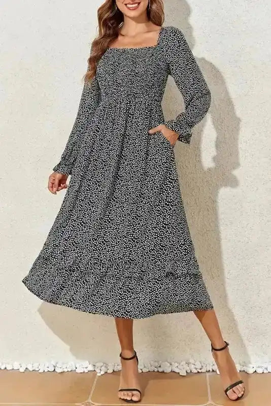 Floral Dresses Black / S / 100%Polyester Nightshade Floral Midi Dress