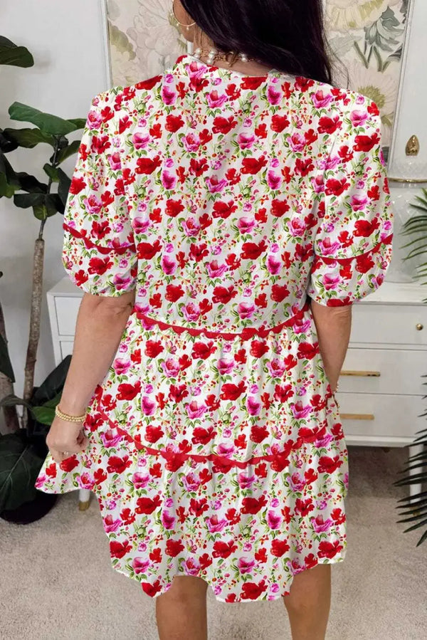 Red floral tiered puff sleeve midi dress back view — Fashionfitz UK