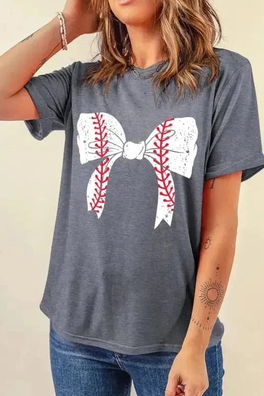 Graphic Tees Black Baseball Bowknot Graphic Casual Tee