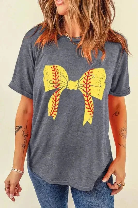 Graphic Tees Black Baseball Bowknot Graphic Casual Tee