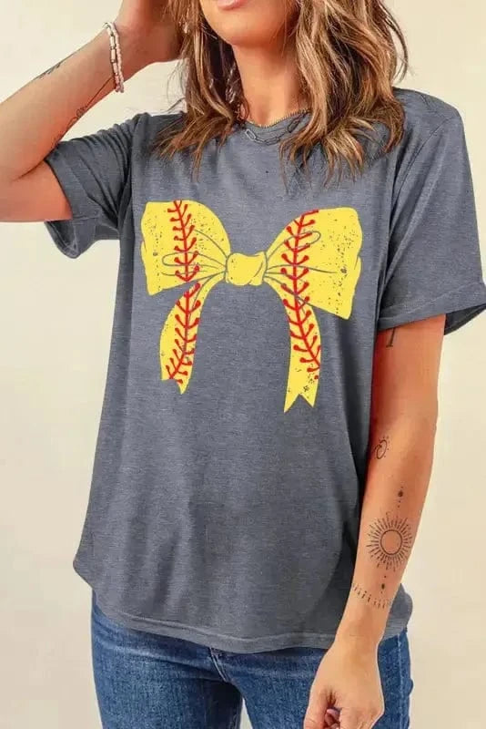 Graphic Tees Black Baseball Bowknot Graphic Casual Tee